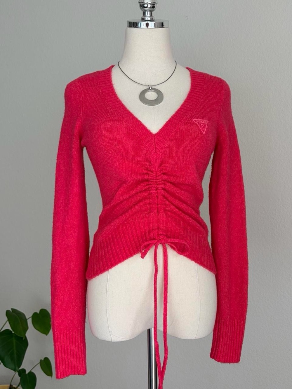 Guess Hot Pink V-Neck Ruched Drawstring Sweater